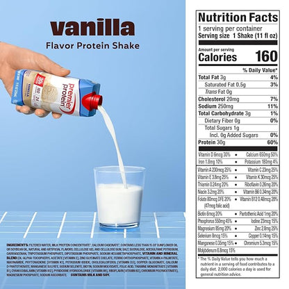 Premier Protein Shake, Vanilla, 30g Protein, No Added Sugar, 24 Vitamins & Minerals to Support Immune Health, 11 fl oz, 4 Pack