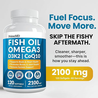 5-in-1 Fish Oil Omega 3 Fatty Supplements (2100mg) - Omega 3 Fish Oil with Vitamins D3 K2 and CoQ10 - Lemon Flavored (120 softgels, Pack of 3)