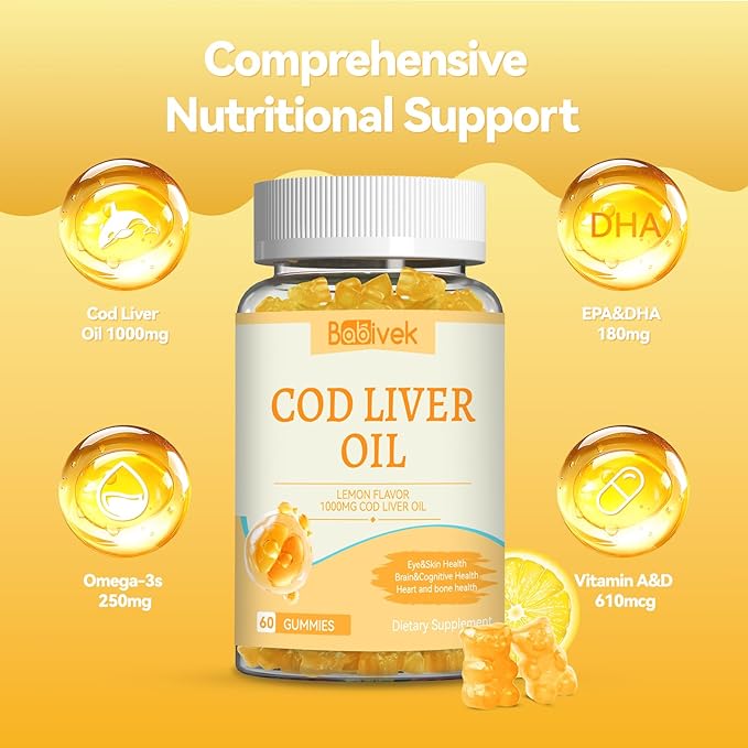 Cod Liver Oil Gummies 1000mg, for Adults & Kids with Omega-3 Vitamin A & D3, Fish Oil Supplement, Supports Eye Health, Brain Function & Bone Health, Sugar-Free, Non-GMO, Gluten-Free 60 Count