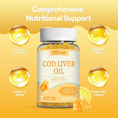 Cod Liver Oil Gummies 1000mg, for Adults & Kids with Omega-3 Vitamin A & D3, Fish Oil Supplement, Supports Eye Health, Brain Function & Bone Health, Sugar-Free, Non-GMO, Gluten-Free 60 Count