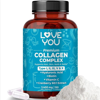 Love You Collagen Complex – Types I, II, III, V & X – Hair, Skin, Nails, Joints & Gut Support – Hydrolyzed Bovine Collagen Peptides – Grass-Fed, Non-GMO, 120 Capsules, USA Made
