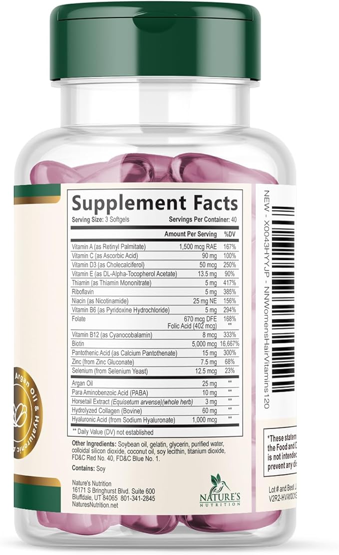 Hair, Skin & Nails Vitamins - Biotin 5000mcg Per Serving - Extra Strength Hair Growth Support For Women with Collagen, Argan Oil - Beautiful Skin, Hair & Nails Supplement - USA Bottled - 120 Softgels