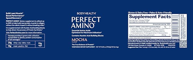 BodyHealth PerfectAmino Powder - BCAA and EAA Powder for Pre and Post Workout - Amino Acid Energy Drink for Men and Women to Support Lean Muscle and Recovery - Mocha - 30 Servings