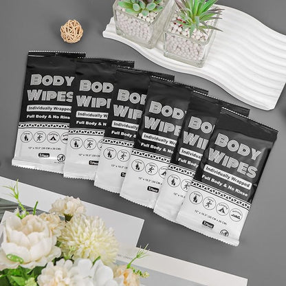 Individually Wrapped Body Wipes Bulk Bath Wipe, Women Men Large Adult Disposable Body Shower Wipes No Rinse-Free Bathing Cloths Wipe for Outdoors After Gym Camping Travel (100, Black, 12 x 10.3 in)