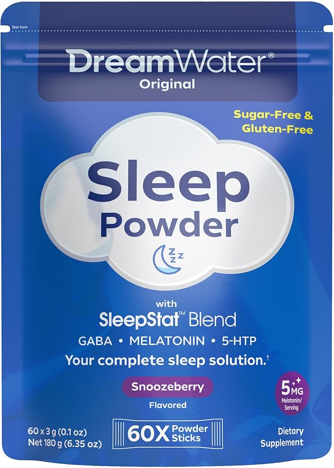 Dream Water Sleep Powder, Sugar-Free, Gluten-Free, Natural Flavors; Blend of 3 Ingredients, GABA, 5mg Melatonin, 5-HPT; Snoozeberry Flavor 60ct