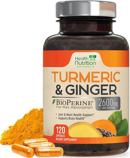 Turmeric Curcumin Supplement - 2200mg Curcumin Complex & 400mg Organic Ginger per Serving - 95% Curcuminoids & BioPerine Black Pepper for Best Absorption & Joint Support, Bottled in USA - 120 Capsules