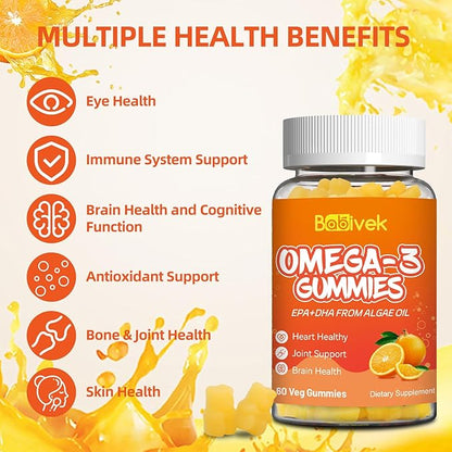 2 Pack Omega-3 Gummies Vegan 1200mg, EPA and DHA Omega-3 Fatty Acids with Folate, Vitamin A, Vitamins C & E, High Potency Omega 3 Supplements for Immune Support, 120 Count