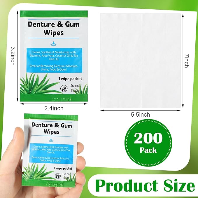 Timgle 200 Pcs Denture Cleaning Wipes Refreshes Mouth Deep Cleaning Wipes for Remove Denture Adhesive, Food Debris, Stains and Odor (Classic)