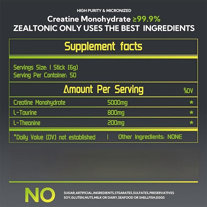 5000mg 99.9% Micronized Creatine Monohydrate Powder Stick Packs with 800mg of Taurine, and 200mg of L-theanine Supports Strength, Lean Muscle, & Recovery for Men & Women Creatine Packets 50 Servings