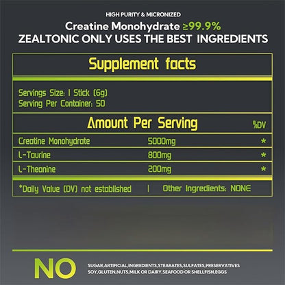 5000mg 99.9% Micronized Creatine Monohydrate Powder Stick Packs with 800mg of Taurine, and 200mg of L-theanine Supports Strength, Lean Muscle, & Recovery for Men & Women Creatine Packets 100 Servings