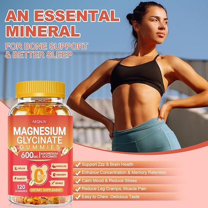 Magnesium Glycinate Gummies 600MG, Chewable Sugar Free Magnesium Citrate for Men & Women, Vitamin B6, D3, Magnesium Supplements for Sleep, Body Support and Relaxation, 60 Day Supply