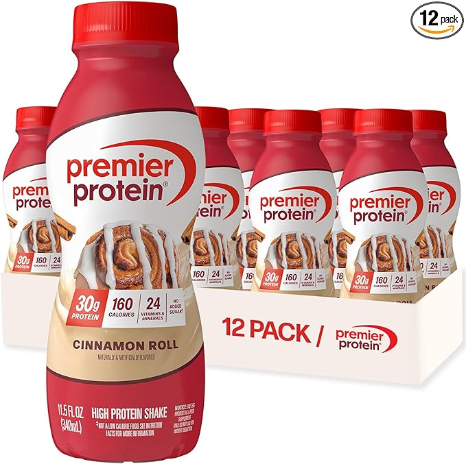 Premier Protein Shake, Cinnamon Roll, 30g Protein, No Added Sugar, 24 Vitamins & Minerals to Support Immune Health, 11.5 fl oz, 12 Pack