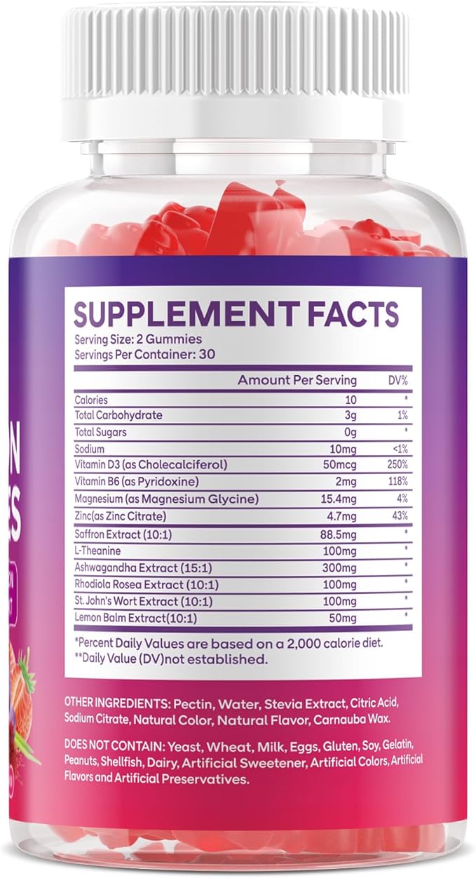 2 Pack Saffron Supplement Gummies, 10-in-1 Cortisol Supplement with Saffron 88.5mg, Magnesium, Rhodiola Rosea, Ashwagandha, L-Theanine, St. John's Wort, for Calm, Focus, Relaxation, 120 Count