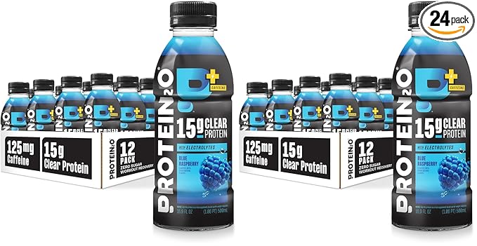 Protein2o 15g Whey Protein Isolate Hydration Drink Plus Energy & Focus,350mg Electrolytes,125mg Caffeine,Sugar Free,Blue Raspberry,16.9 oz Bottle,(Pack of 24)