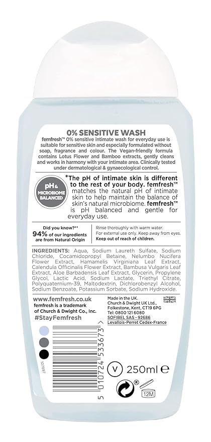 Femfresh Sensitive Intimate Wash, Vegan pH Balanced Intimate Cleansing Shower Gel - Pack of 6 x 250 ml