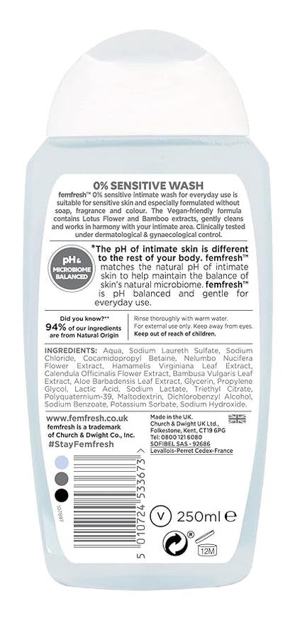Femfresh Sensitive Intimate Wash, Vegan pH Balanced Intimate Cleansing Shower Gel - Pack of 6 x 250 ml