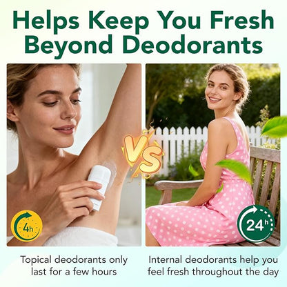 Body Deodorizing Supplement | 120 Vegan Capsules | Reduce Odor in Underarms, Intimate Areas & Oral | Natural Internal Deodorant Chlorophyll Capsules for Women & Men