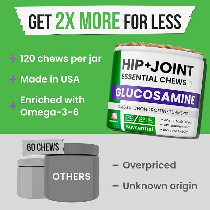 Glucosamine for Dogs - Joints Health Treats w/Omega Fish Oil - Natural Joint Pain Relief - Canine Hip and Joint Supplement w/Chondroitin + MSM + Turmeric + Calcium - 240 Beef Chews