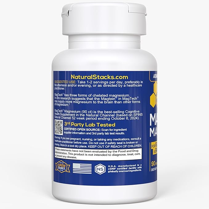 Natural Stacks MagTech Magtein Magnesium L-Threonate, Glycinate & Taurate 200mg Chelated Magnesium Complex Supplement for Relaxation & Brain Health 90 Capsules