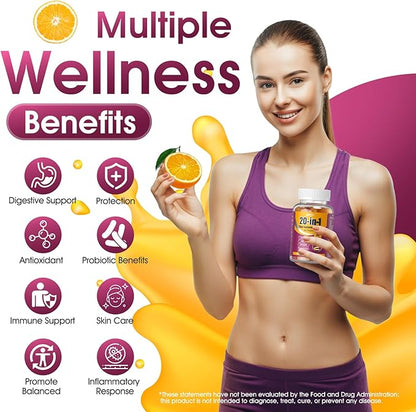 Fiber Gummies for Adults Fiber Supplement 4.5g 20-in-1 Probiotic Gummies Inulin Prebiotic psyllium Husk Powder Organic Supplement, Support for Gut Digestive Health, 60-Count, Orange & Peach