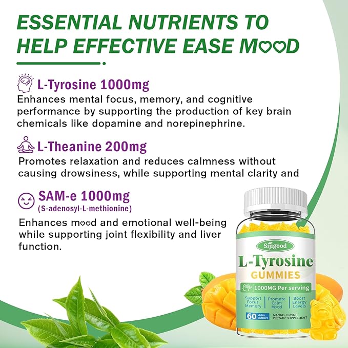 L-Tyrosine Gummies for Adults and Kids - L-Tyrosine Supplement Focus Gummies for Brain, Mood, Energy Support, Vegan & Gluten-Free, Mango Flavor, 120 Count