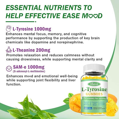 L-Tyrosine Gummies for Adults and Kids - L-Tyrosine Supplement Focus Gummies for Brain, Mood, Energy Support, Vegan & Gluten-Free, Mango Flavor, 60 Count