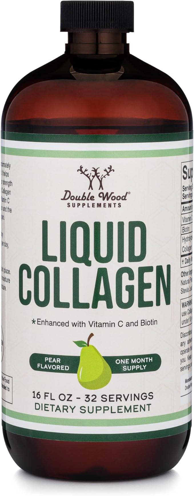 Double Wood Supplements Premium Liquid Collagen - 2500mg of Hydrolyzed Bovine Collagen (Type 1, 3 and Grassfed) - 32 Servings - for Women and Men - 30 mcg of Biotin - Sugar Free Pear Flavor