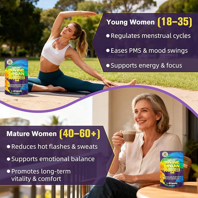 Beef Organ Supplement for Women - 100% Grass Fed Beef Organs with Bovine Liver, Ovary, Uterus, Kidney, Heart & Fallopian Tubes - PMS, Menopause & Energy, Immune & Mood Support, 60 Count