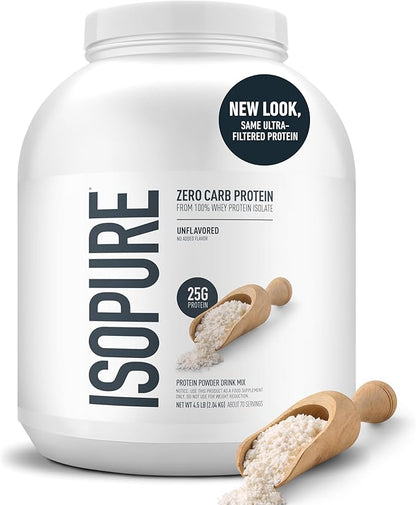 Isopure Zero Carb 100% Pure Whey Isolate Protein Powder, Gluten-Free, with Vitamins, Unflavored, 25g Protein Per Serving, 4.5 Lbs, 70 Servings (Packaging May Vary)