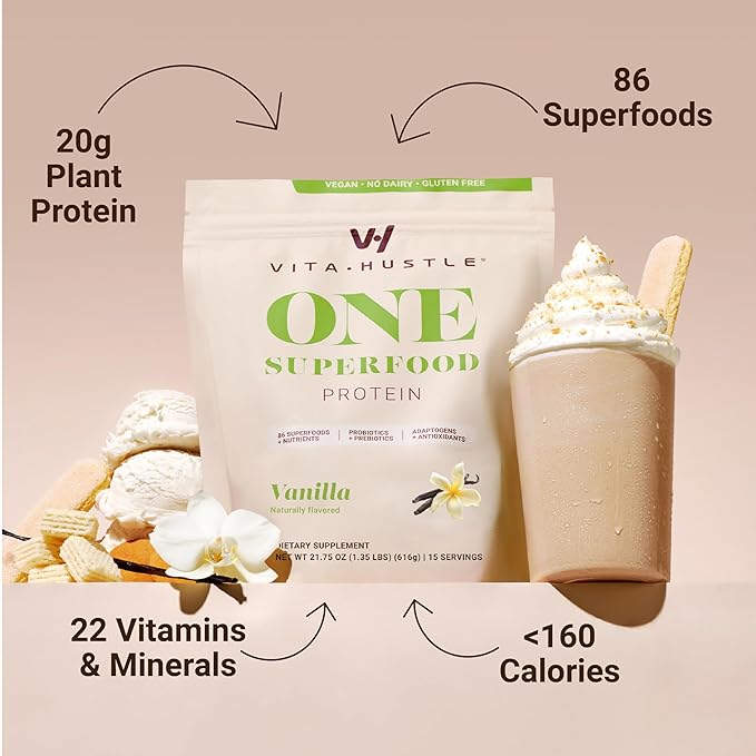 VitaHustle ONE Vegan Vanilla Protein Powder - 20g Plant Protein Meal Replacement with 86+ Superfoods & Greens, Probiotics + No Bloat Digestive Blend - Dairy Free, Gluten Free (15 Servings)