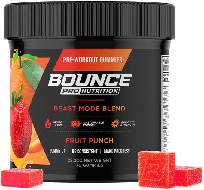 Bounce Pro Pre Beast Mode Workout Gummies with Caffeine, Beta-Alanine & L-Tyrosine for Energy, Focus & Training Intensity (70 Count (Pack of 1), Fruit Punch)