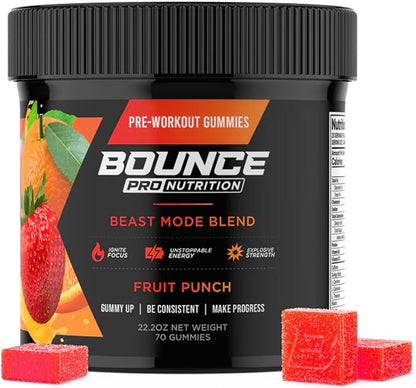Bounce Pro Pre Beast Mode Workout Gummies with Caffeine, Beta-Alanine & L-Tyrosine for Energy, Focus & Training Intensity (70 Count (Pack of 1), Fruit Punch)