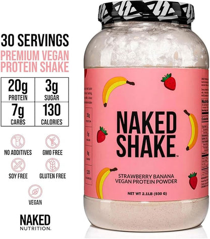 NAKED Shake - Vegan Protein Powder, Strawberry Banana - Flavored Plant Based Protein with Mct Oil, NSF Certified, Gluten-Free, Soy-Free, No Gmos Or Artificial Sweeteners - 30 Servings