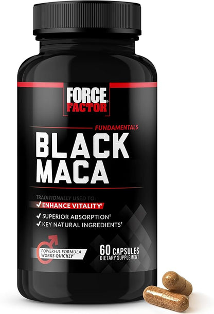 Force Factor Black Maca Root Vitality Supplement for Men with Superior Absorption and Power, Natural Maca Negra Extract, Fundamentals Series, 1000mg, 60 Capsules