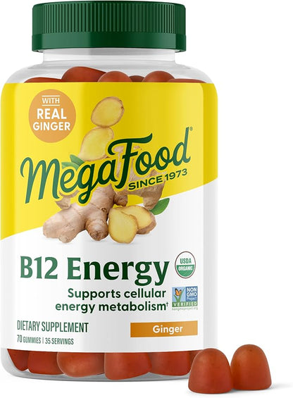 MegaFood Vitamin B12 Energy Gummies - Vegan - With Methyl B12 Vitamins to Support Cellular Energy Production - Ginger - Daily Vitamin B12 Supplement - USDA Organic - 70 Gummies, 35 Servings