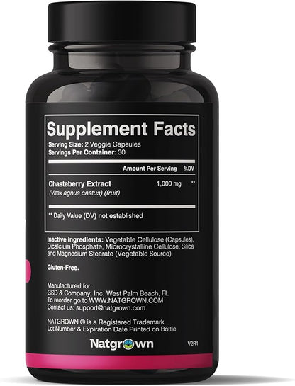 Natgrown Vitex Chasteberry Supplement for Women 1,000 mg - Agnus Castus Chaste Tree Vitex Berry Fruit Extract Capsules - 60 Ct