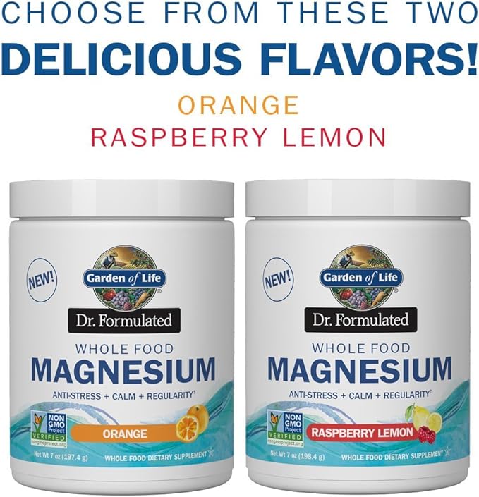 Garden of Life Dr. Formulated Whole Food Magnesium 197.4g Powder - Orange, Chelated, Non-GMO, Vegan, Kosher, Gluten & Sugar Free Supplement with Probiotics - Best for Anti-Stress, Calm & Regularity