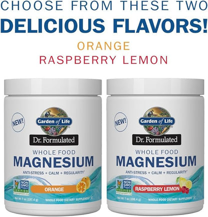 Garden of Life Dr. Formulated Whole Food Magnesium 197.4g Powder - Orange, Chelated, Non-GMO, Vegan, Kosher, Gluten & Sugar Free Supplement with Probiotics - Best for Anti-Stress, Calm & Regularity