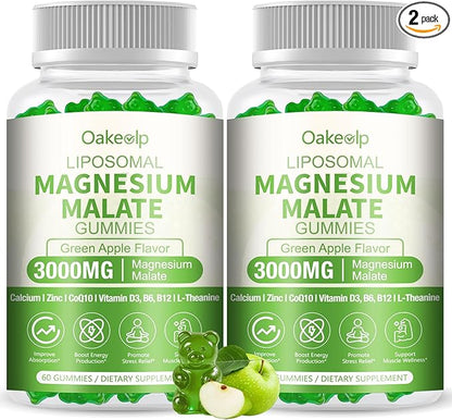 2 Pack Liposomal 3000mg Magnesium Malate Gummies Supplement,Complex Creatine Monohydrate,Folate, Active B12 & D3, L-Theanine & CoQ10, for Stress Relief,Methylation, Energy, Muscle & Calm