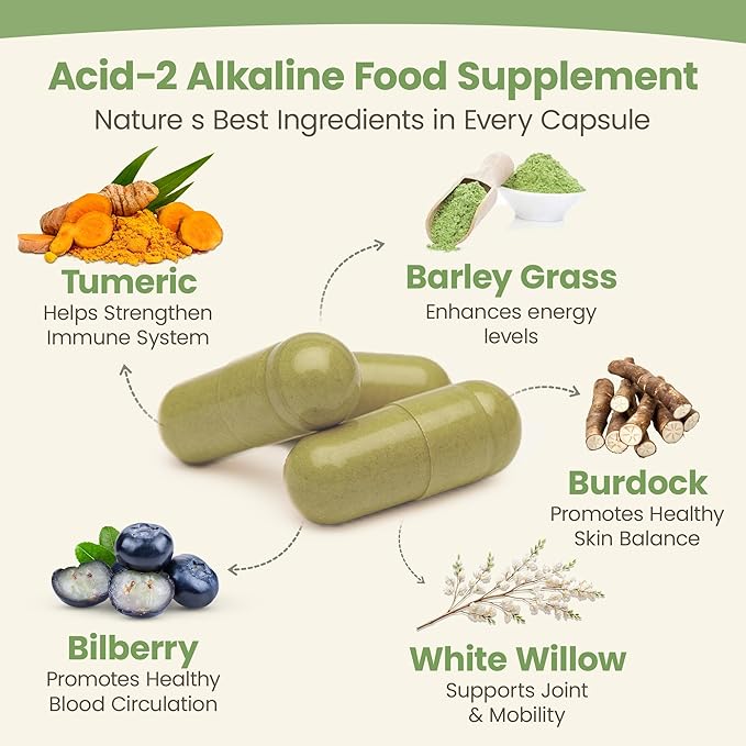 Nature’s Brands Acid-2-Alkaline Supplements for Energy, Digestion & Immunity - pH Balance & Detox Support with Turmeric, Bilberry, Barley Grass & Burdock - 90 Vegetarian Capsules