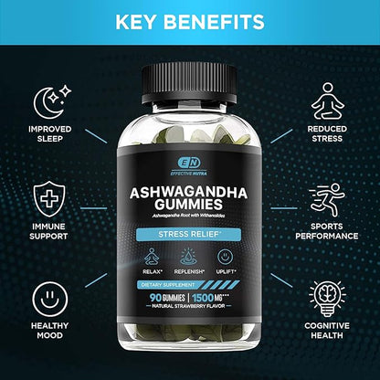 Effective Nutra Ashwagandha Gummies 1500mg – Extra Strength Stress & Sleep Support – 45-Day Supply, Just 2 Gummies Daily – Vegan, Non-GMO, Third-Party Tested – Made in USA (90ct)