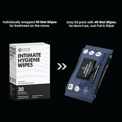 Skin Elements Intimate Hygiene Wipes | Unisex | pH balanced Wipes | Tea Tree Oil & Neem Extracts | 30 Individual Wipes | Pre and Post Intimacy