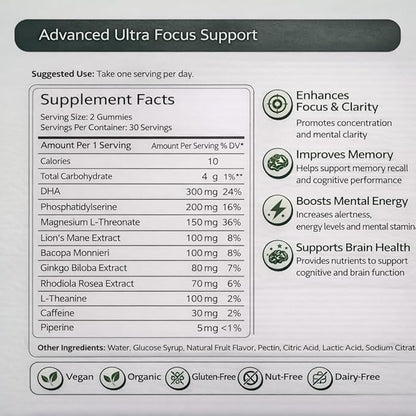 Ultra Focus Gummies for Adults – Focus & Concentration Support with DHA (Algae) + Phosphatidylserine, Lion’s Mane, Bacopa, Ginkgo & Magnesium L-Threonate – Lemon, 60 Gummies