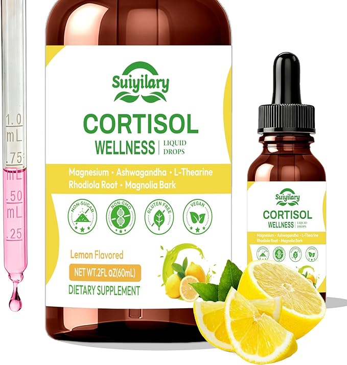 Cortisol Liquid Drops Support Supplements for Men and Women, Cortisol Detox Hormone Balance with Magnesium, Ashwagandha, L-theanine for Mood Support, Lemon Flavor, 60ml