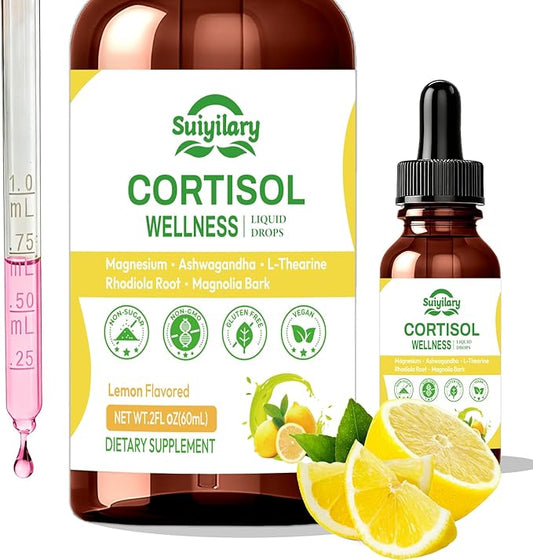 Cortisol Liquid Drops Support Supplements for Men and Women, Cortisol Detox Hormone Balance with Magnesium, Ashwagandha, L-theanine for Mood Support, Lemon Flavor, 60ml