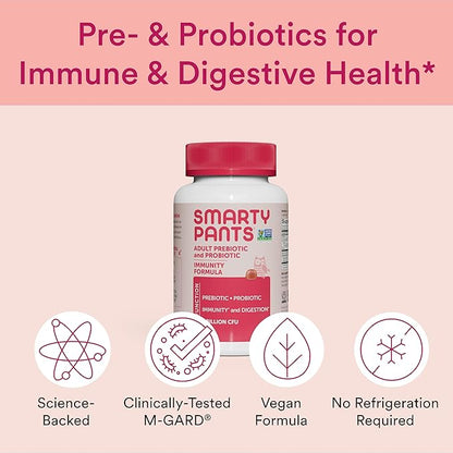 SmartyPants Adult Probiotic & Prebiotic Gummies for Digestive Health: Gut Health Supplement, Clinically Studied Prebiotic for Immune Support, Strawberry, 60 Count (30 Day Supply) (Pack of 2)