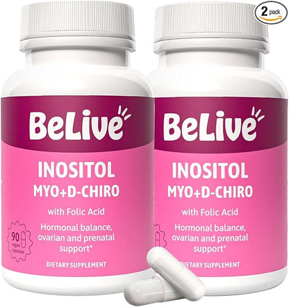 BeLive Myo-Inositol & D-Chiro Inositol Supplement – 2 Pack – 90 Capsules Each – 40:1 Ratio with Folic Acid for Women