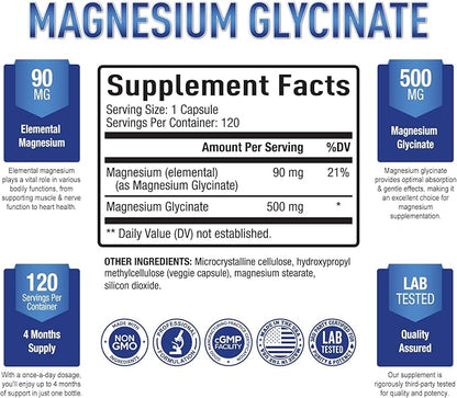 Purely Optimal Magnesium Glycinate 500mg – Sleep Support & Stress Relief – Gentle, High Absorption Magnesium Supplement for Muscle Relaxation, Calm & Nerve Support – 120 Capsules