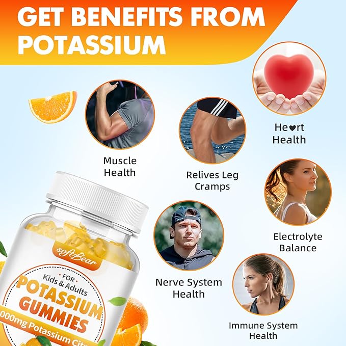 softbear Potassium Citrate 1000mg, Sugar Free Potassium Gummies for Adults Support Leg Cramps & Muscle Health High Potency Potassium Supplement Gummies Orange Flavor 60 Count