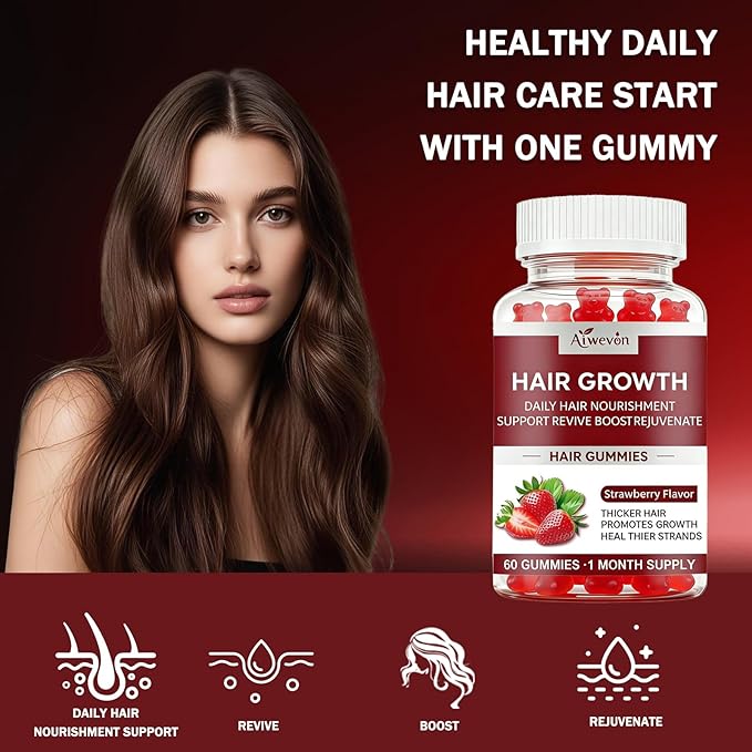 Hair Growth Gummies for Women & Men, Biotin & Silica Hair Vitamins, Daily Hair Nourishment Support for Thicker Looking Hair, Hair Skin and Nails Gummies, Non-GMO, Strawberry Flavor, 60 Gummies